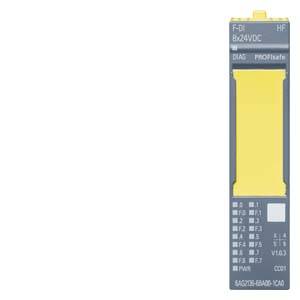 Un module électrique gris avec un accent jaune et des inscriptions sur la face avant. Textes : 'F-DI 8x24VDC', 'DIAS', 'PROFIsafe'.