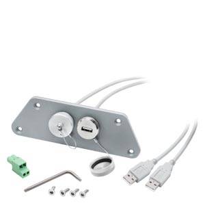 Plaque métallique avec port USB, pièces de fixation, vis de verrouillage, câble USB et connecteur vert. Adapté pour le montage.