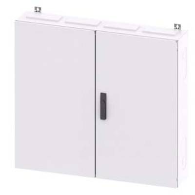 Armoire électrique blanche à deux portes avec une poignée noire, montée au mur.