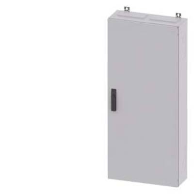 Armoire métallique grise rectangulaire avec une poignée noire, supports de montage en haut ; l'armoire est fermée.