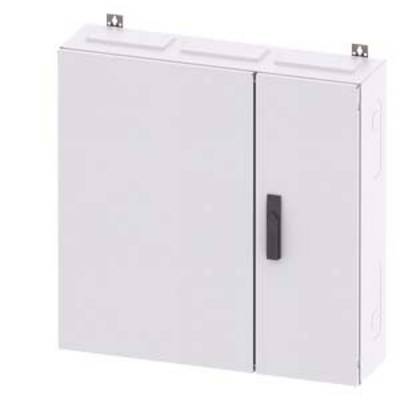 Armoire métallique avec deux portes et poignée noire, montée sur un mur blanc. Adaptée au rangement d'appareils électriques ou d'outils.