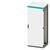 Armoire électrique blanche individuelle avec une bande turquoise en haut, une porte fermée et une poignée noire.