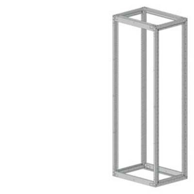 Un cadre métallique gris ouvert, structure de base typique d'un rack serveur, sans portes ni étagères, sur un fond blanc.