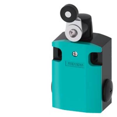 Interrupteur de fin de course bleu avec levier noir et logo Siemens, utilisé dans les applications électriques et mécaniques pour limiter les positions finales.