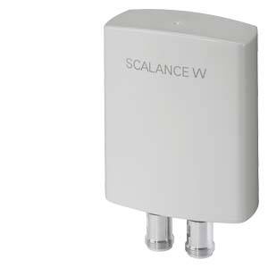 Un appareil blanc cylindrique portant l'inscription 'SCALANCE W' sur le dessus. Il possède deux connexions sur sa face inférieure.
