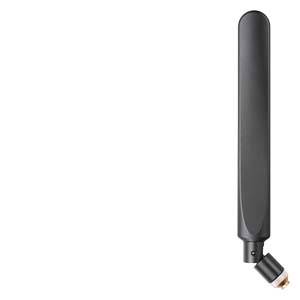Une antenne externe noire utilisée pour la communication sans fil. Elle est orientée verticalement et dispose d'un connecteur à sa base.