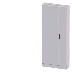 Armoire de classement grise, sobre, avec deux portes et une poignée noire, fermée et droite. Adaptée à l'organisation des documents dans un bureau.