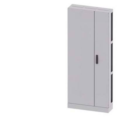 Armoire grise, rectangulaire, à deux portes et une poignée noire, sur un fond blanc.
