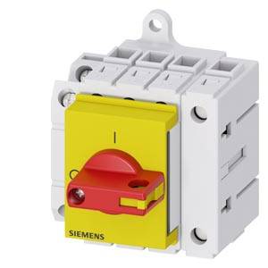 Un interrupteur principal électrique de Siemens avec une poignée de commande jaune et un mécanisme de verrouillage rouge. L'interrupteur est en position "Arrêt".