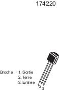 Un transistor avec trois broches : 1. Sortie, 2. GND, 3. Entrée. En haut à droite est inscrit le nombre 174220.