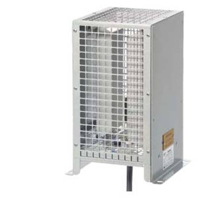 Un chauffage industriel carré en métal avec grille de protection, reposant sur des pieds plats. L'appareil convient aux applications de chauffage industrielles.