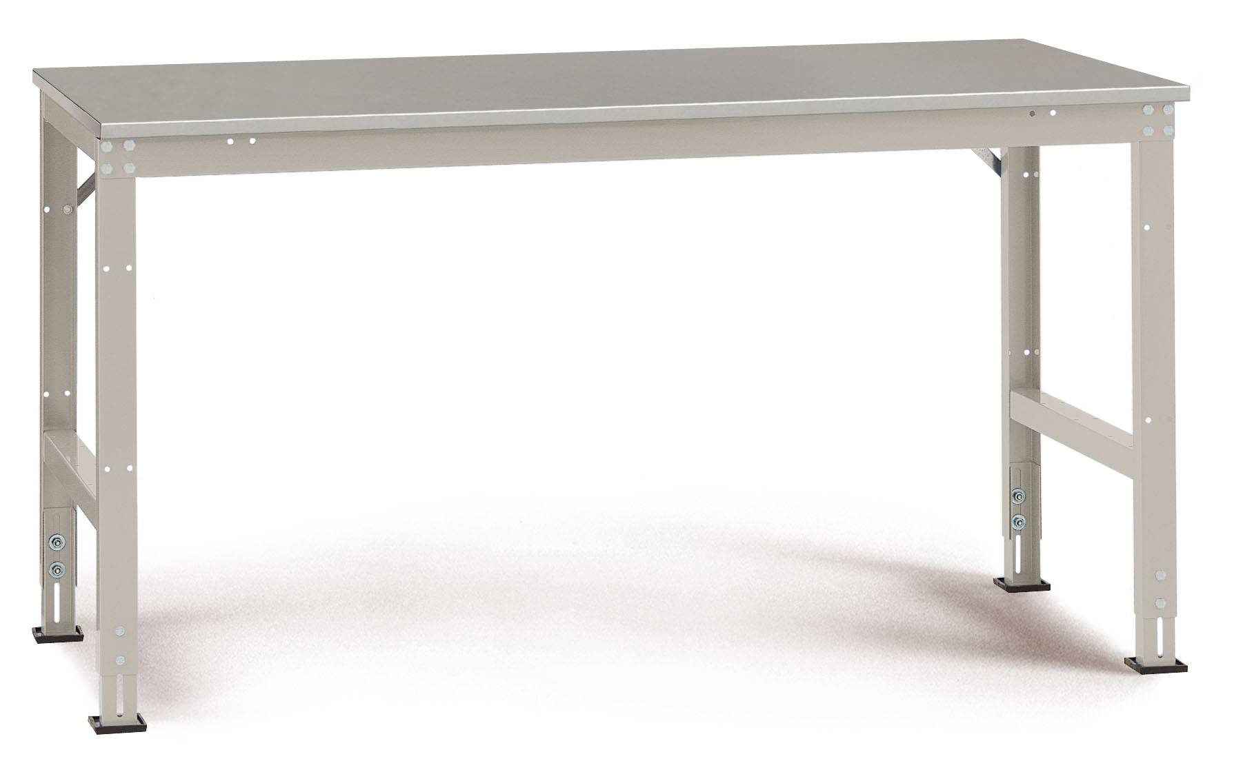 Une table de travail simple, rectangulaire, avec des pieds en métal et une surface lisse, adaptée pour une utilisation en atelier ou au bureau.