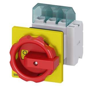 'Levier de commutation rouge sur boîtier jaune, positionné sur zéro. Interrupteur de séparation industriel pour applications de sécurité électrique.'