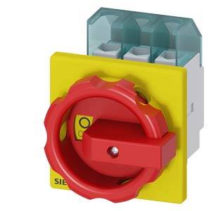 Un commutateur principal jaune et rouge avec poignée de rotation, utilisé pour la mise hors tension des appareils électriques.