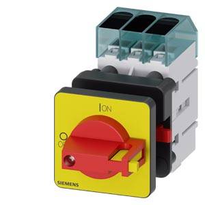 Image d'un sectionneur de charge Siemens en rouge et jaune, positionné sur Arrêt. Connecté en triphasé, adapté pour séparer les circuits électriques.