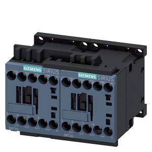 Un contacteur bipolaire de la série Siemens SIRIUS, modèle 3RT20, présenté dans un boîtier noir avec une façade bleue.