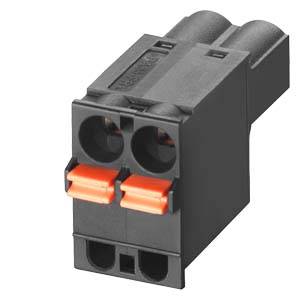 'Connecteur électrique noir et orange à deux broches, montrant un gros plan des bornes de connexion.'