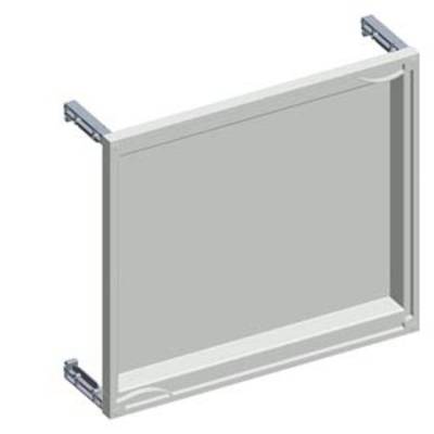 Une fenêtre rectangulaire grise avec un cadre simple et deux supports latéraux.