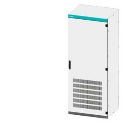 Un armoire industrielle blanche, verticale, avec des fentes de ventilation sur la façade et une bande turquoise en haut.
