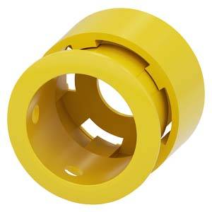 Adaptateur en plastique jaune de forme cylindrique avec des ouvertures sur les côtés, utilisé pour des connexions industrielles.