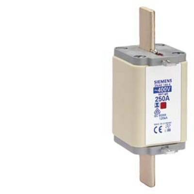 Un insert de fusible NH blanc Siemens de 250A, 400V, avec deux contacts métalliques et des informations du fabricant sur la face avant.