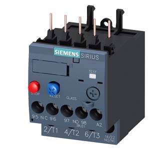 Un relais de surcharge Siemens Sirius avec une touche bleue 'Reset' et une touche rouge 'Stop', montrant les connexions électriques et l'interface de test.