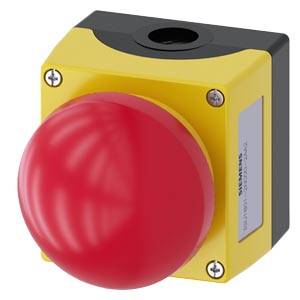 Grand bouton d'arrêt d'urgence rouge sur boîtier jaune, utilisé pour les arrêts de sécurité dans les installations industrielles.