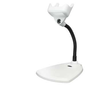 Un support de table blanc et incurvé avec une base et un support en haut, probablement destiné à un appareil électronique ou à un accessoire.