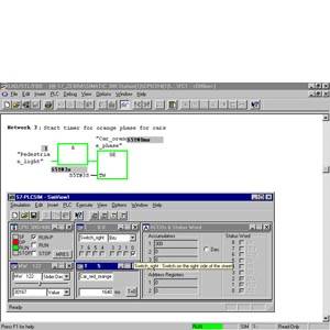 'Capture d'écran d'un logiciel PLC Siemens. Elle présente un réseau avec un diagramme pour le contrôle des processus. Les détails de la logique et des adresses sont visibles.'