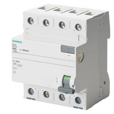Un disjoncteur différentiel Siemens portant l'inscription '63A, In=30mA', montre sa face avant avec l'interrupteur et le bouton de test.