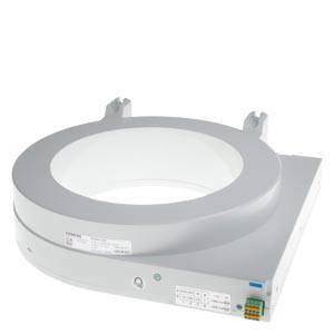 Un composant électronique gris et rond avec une ouverture au centre. Des inscriptions et un connecteur sont visibles sur le côté.