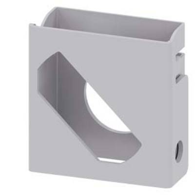 Pièce en plastique grise de forme rectangulaire avec une ouverture diagonale sur la face avant ; les côtés sont évidés.