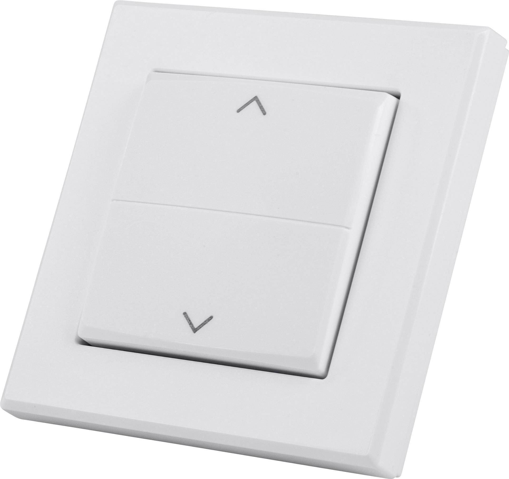Un interrupteur mural blanc avec deux touches fléchées, une vers le haut et une vers le bas, pour commander les stores ou les rideaux.