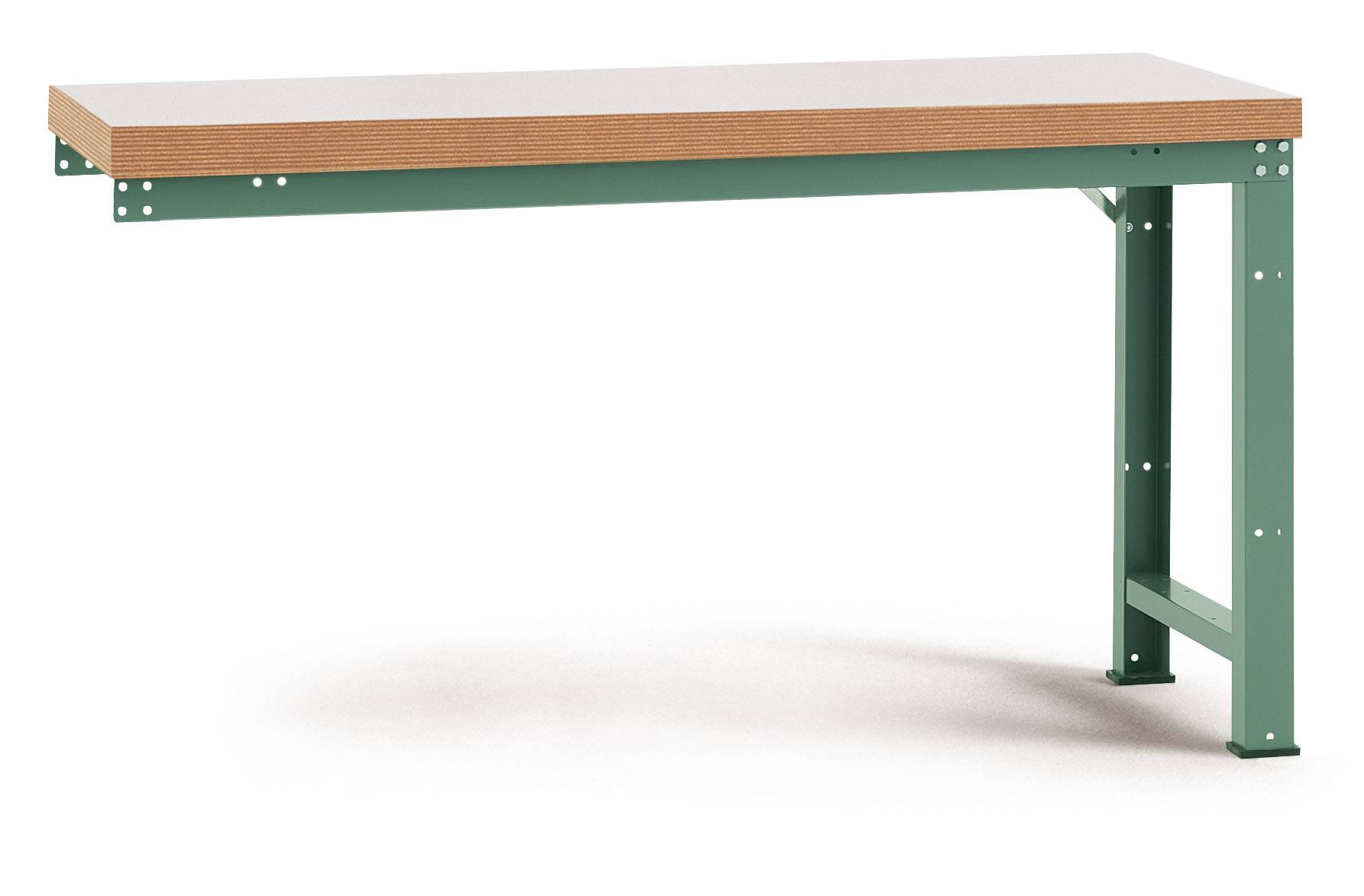 Une table rectangulaire avec un socle en métal vert et un plateau en bois, sans aucune décoration ou objet visible sur sa surface.
