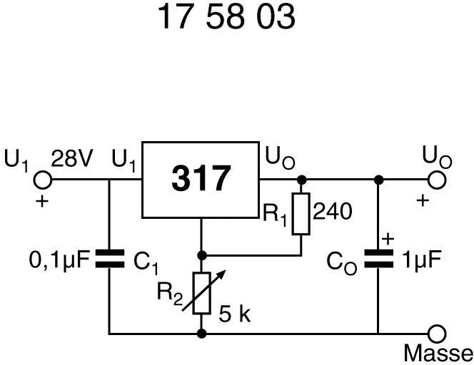 Schéma de principe d'un régulateur de tension : U1=28V, Sortie Uo via résistances R1, R2, condensateurs C1, Co. Réglable à 5 kΩ.