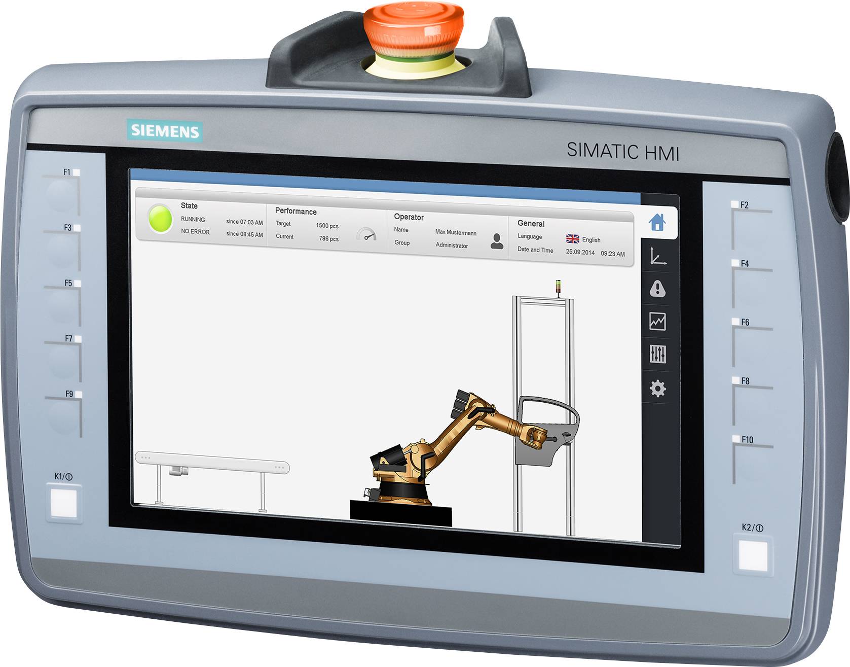 Un appareil portable Siemens SIMATIC HMI affiche une interface utilisateur pour le contrôle d'un robot industriel sur son écran.