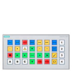 Panneau de commande d'un opérateur Siemens SIMATIC HMI avec des touches colorées, étiquetées pour différentes fonctions comme 'DÉMARRAGE' et 'ARRÊT'.