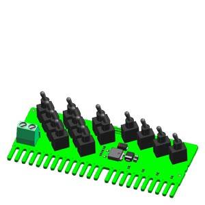 Carte électronique verte avec plusieurs interrupteurs à bascule noirs et deux connexions blanches sur la gauche, probablement destinée à des circuits électroniques.