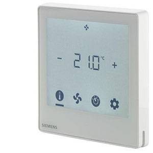 Un thermostat numérique affiche 21,0 degrés Celsius, avec des symboles pour les paramètres, le ventilateur, la minuterie et la configuration du système.