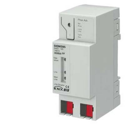 Un appareil KNX de Siemens avec des connexions et des étiquettes sur le devant. Utilisé pour l'automatisation des bâtiments.