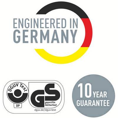 Cercle supérieur avec l'inscription « Engineered in Germany » dans les couleurs Noir, Rouge, Jaune. Cercle inférieur : « Test DGUV » et « Garantie de 10 ans ».
