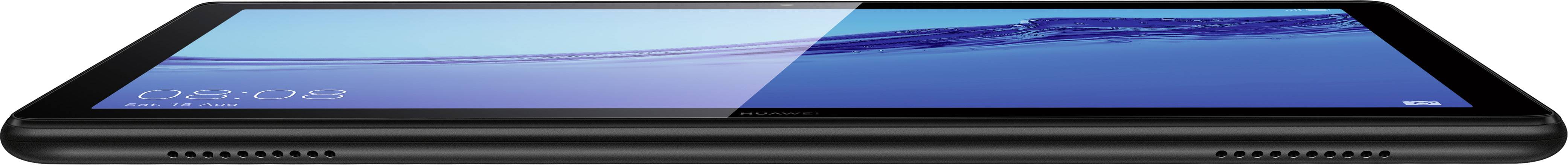 Une tablette noire est posée à plat avec son écran visible, affichant des tons de bleu et de couleurs sombres. La partie inférieure présente des grilles de haut-parleurs reconnaissables.