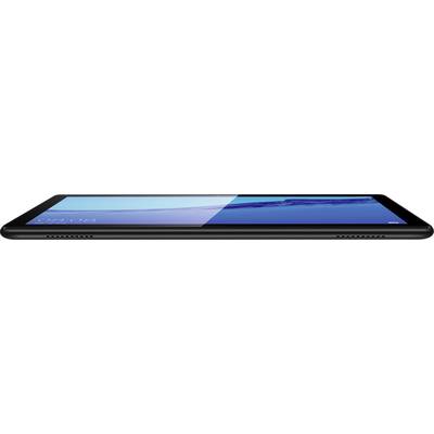 Une tablette noire est posée à plat avec son écran visible, affichant des tons de bleu et de couleurs sombres. La partie inférieure présente des grilles de haut-parleurs reconnaissables.
