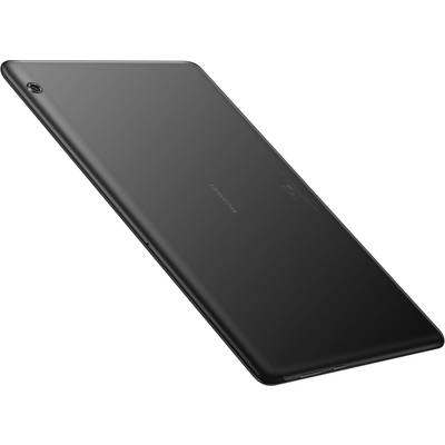 Tablette noire au design élégant, vue en perspective arrière et latérale.