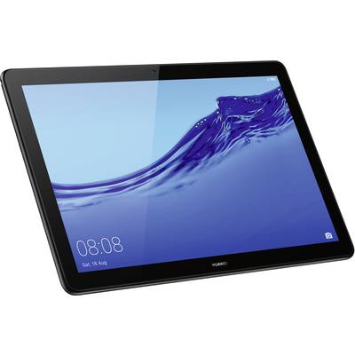Une tablette avec un cadre noir affiche un effet d'ondes bleu sur l'écran. Dans le coin inférieur gauche, la date 'Sam, 18 août' est visible.