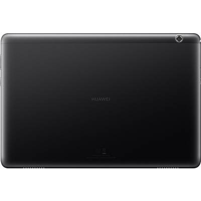 Le dos d'une tablette noire avec le logo 'HUAWEI' au centre. En haut à droite se trouve un appareil photo unique.