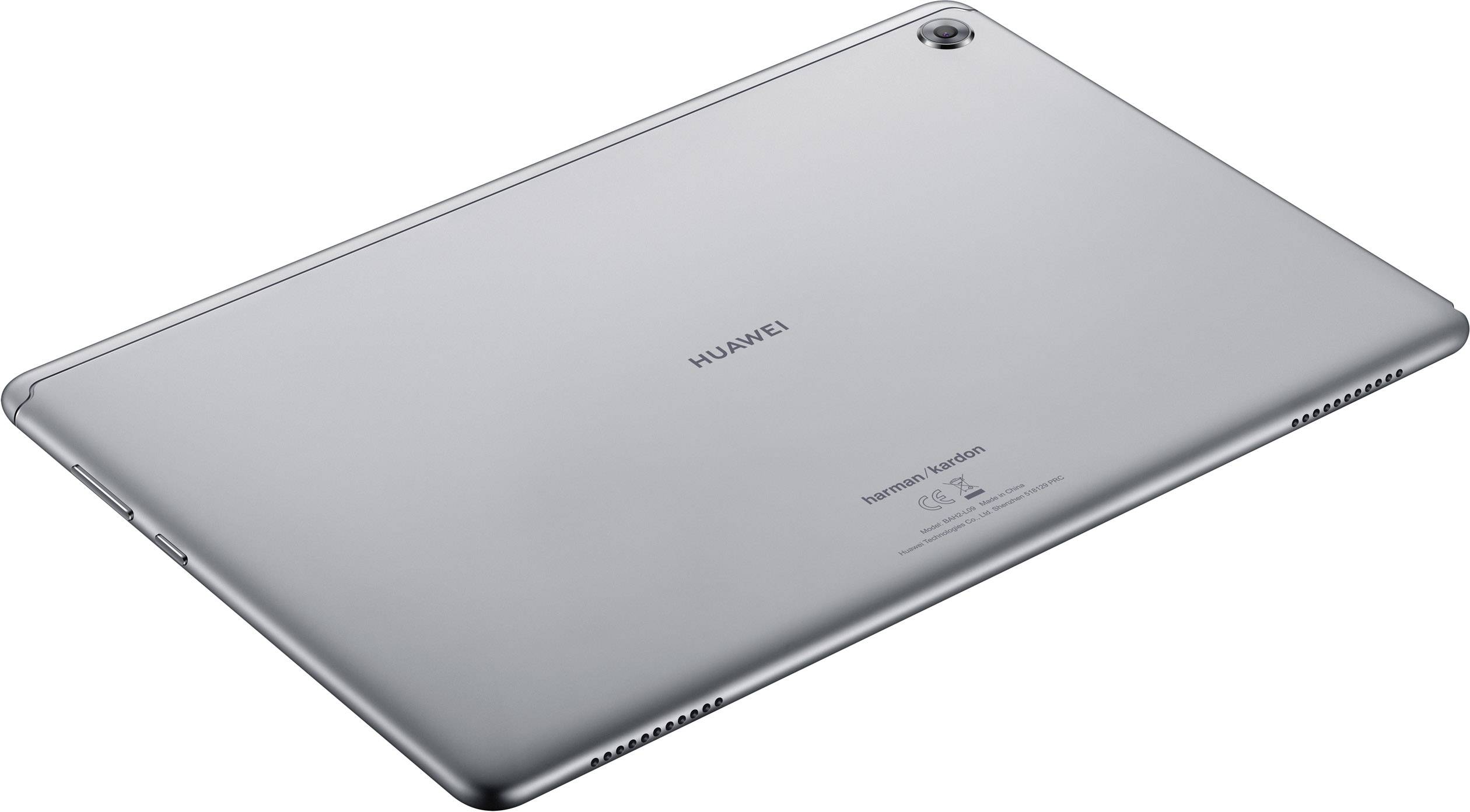Une tablette Huawei argentée vue de dessus. Le logo et la caméra sont visibles. L'appareil présente des bordures fines et un design moderne.
