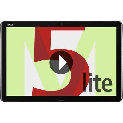 L'image présente une tablette Huawei avec un grand texte 'M5 lite' affiché sur l'écran. Un symbole de lecture est superposé.