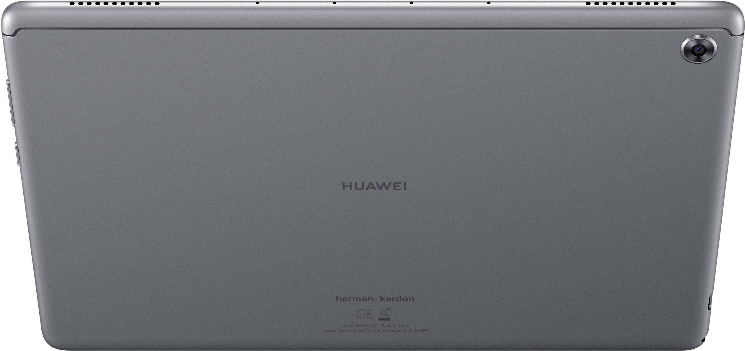 Dos d'une tablette grise avec le logo 'HUAWEI' au centre et l'inscription 'harman/kardon' en bas. Caméra en haut à droite.