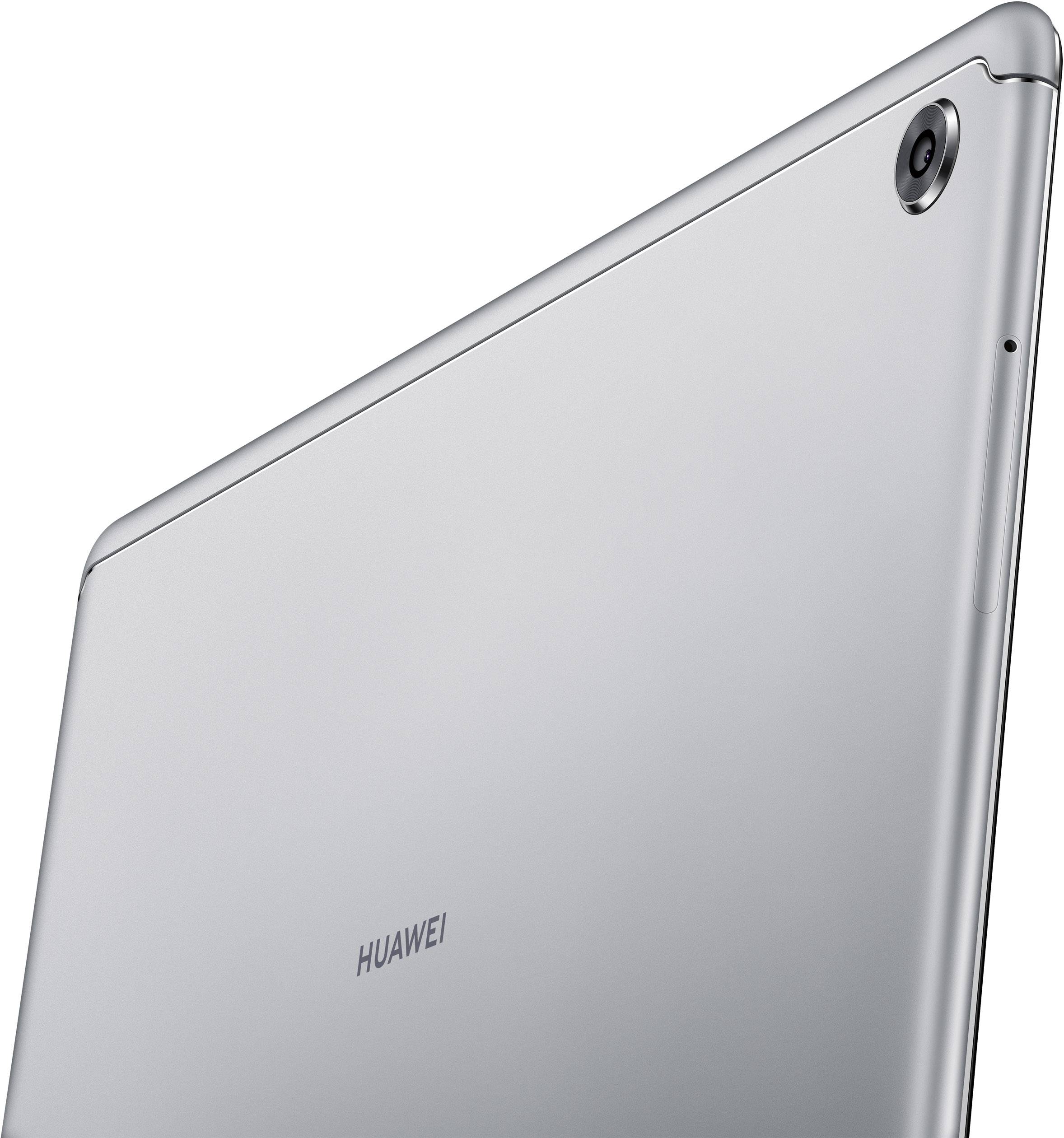 Tablette argentée de Huawei, montrant l'arrière avec la caméra dans le coin supérieur et le logo Huawei au centre.
